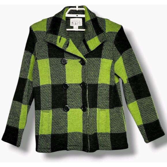 Keren Hart Jacket Coat Womens S Bufflo Plaid Wool Retro Grunge Neon Check Y2K - Picture 1 of 12